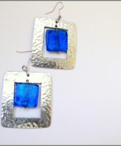 African Jewelry-African Earrings-Aluminium Hammered Earrings with Blue Recycled Glass Bead