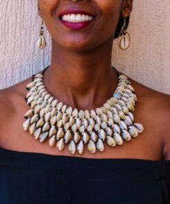 African beaded cowrie shell necklace