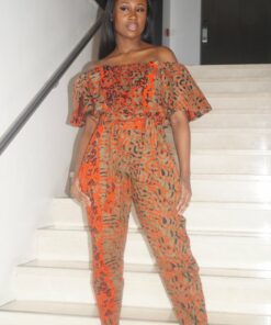 Ankara print camouflage off shoulder jumpsuit.