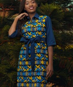 Robe chemise bogolan Bleu jaune