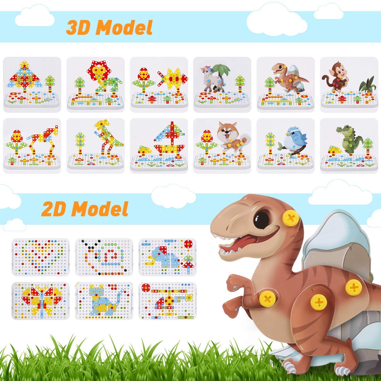 yoptote 224PCS Mosaique Enfant Puzzle 3D Jeux Montessori Educatif  Dinosaures Puzzle Jeu Construction Jeux de Société Jouet Enfant Garcon  Fille 3 4 5