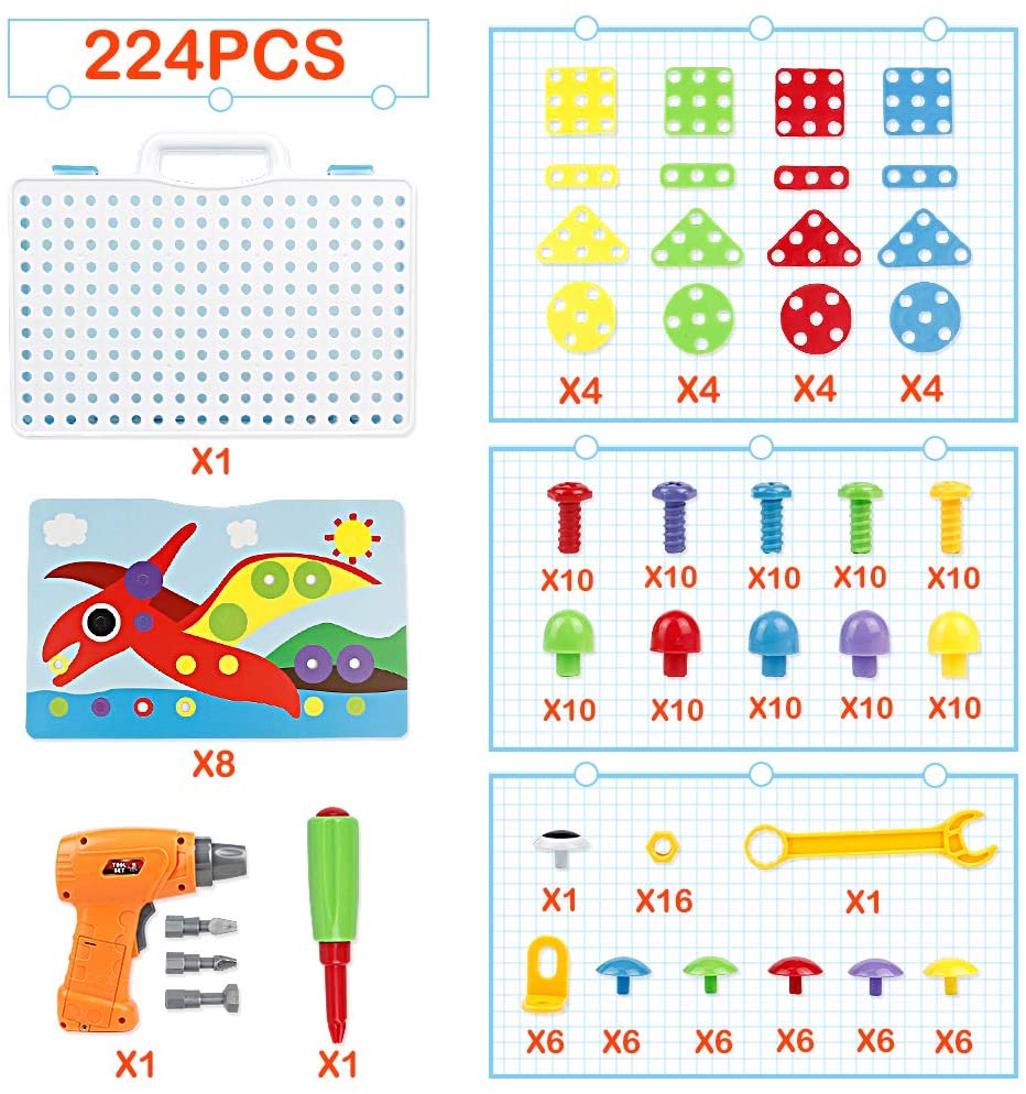 TONZE Mosaique Puzzle Enfant, Jeux de Construction Puzzle, 3D Dinosaure  Bricolage, Perceuse Jouet Cadeau Fille Garcon 3 4 5 6 Ans (201 pièces) :  : Jeux et Jouets