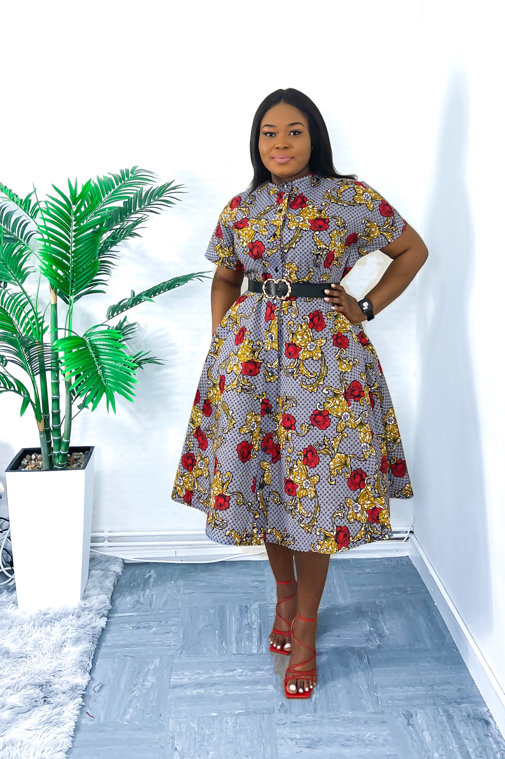 African print fit and flare shirt dress ...
