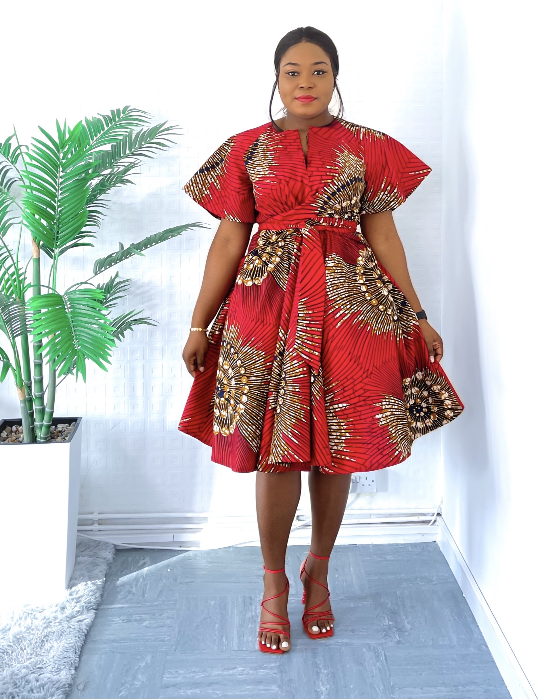 Red African print flared wrap dress ...