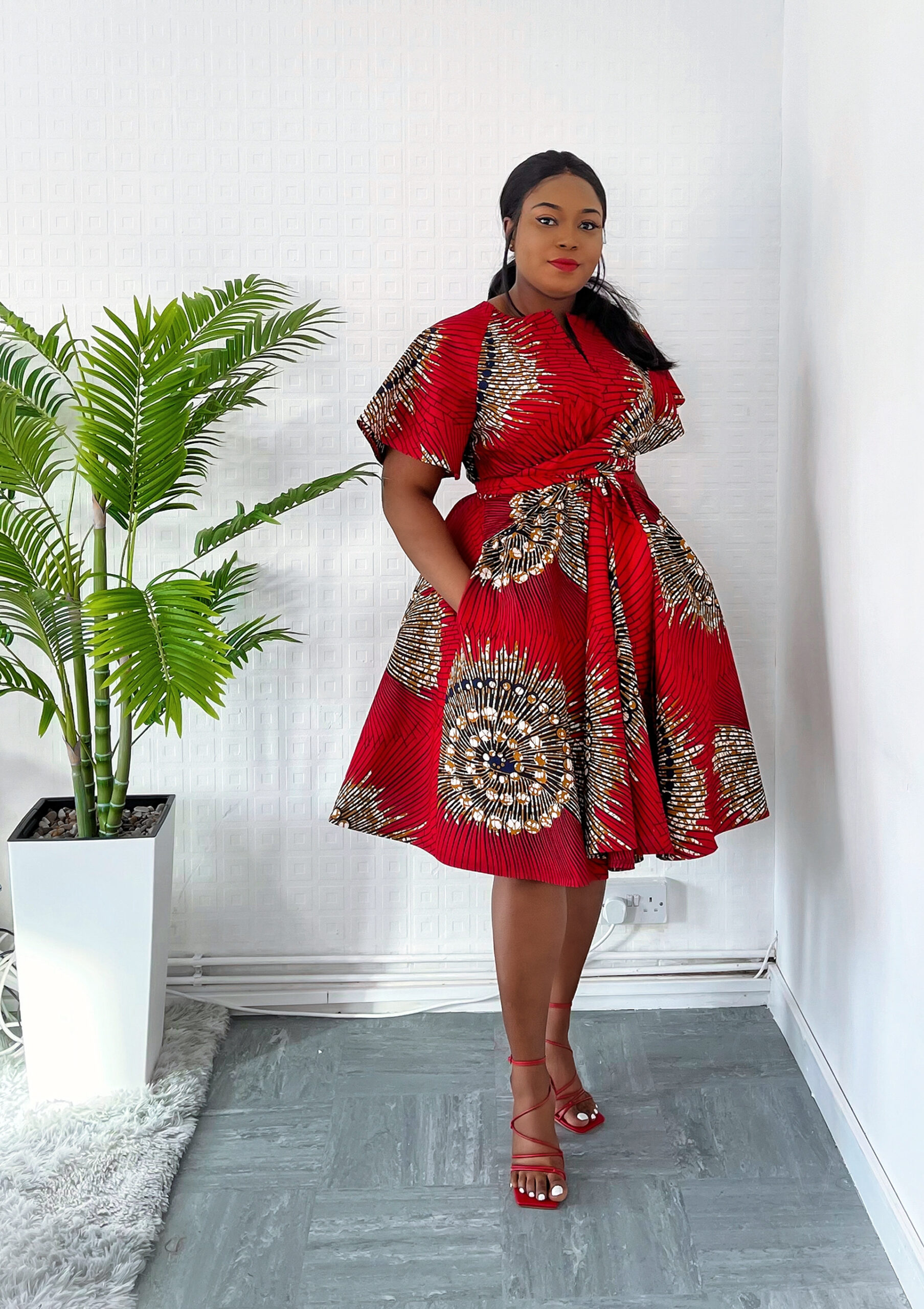 Red African Print Flared Wrap Dress 