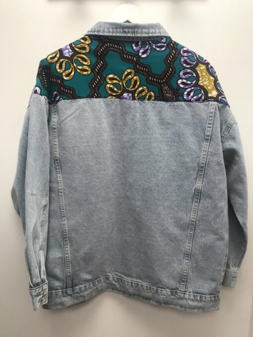 Veste en jean avec Wax turquoise et violet niyya paris