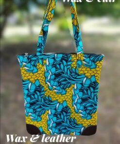 Sac en tissus wax bleu et jaune renforcement en cuir